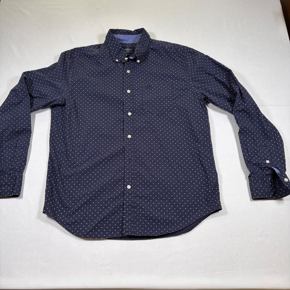American Eagle Mens Polka Dot Button Down Shirt Navy Blue Classic Fit Medium